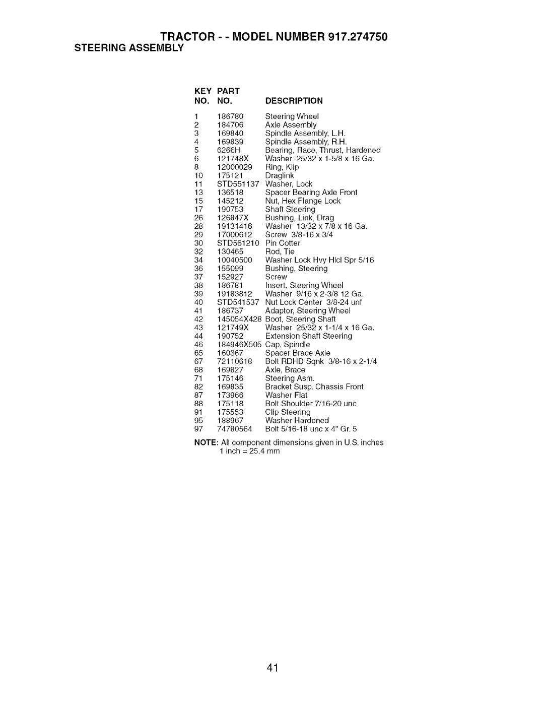 Craftsman 917.27475 manual Tractor - Model Number Steering Assembly 