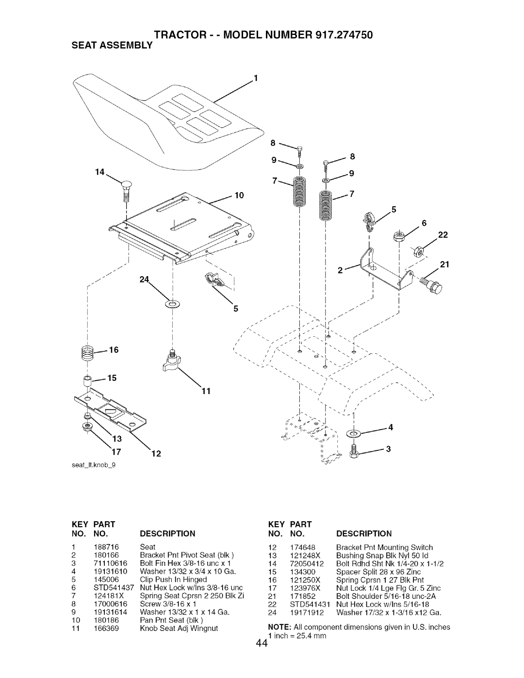 Craftsman 917.27475 manual Tractor - Model Number Seat Assembly 