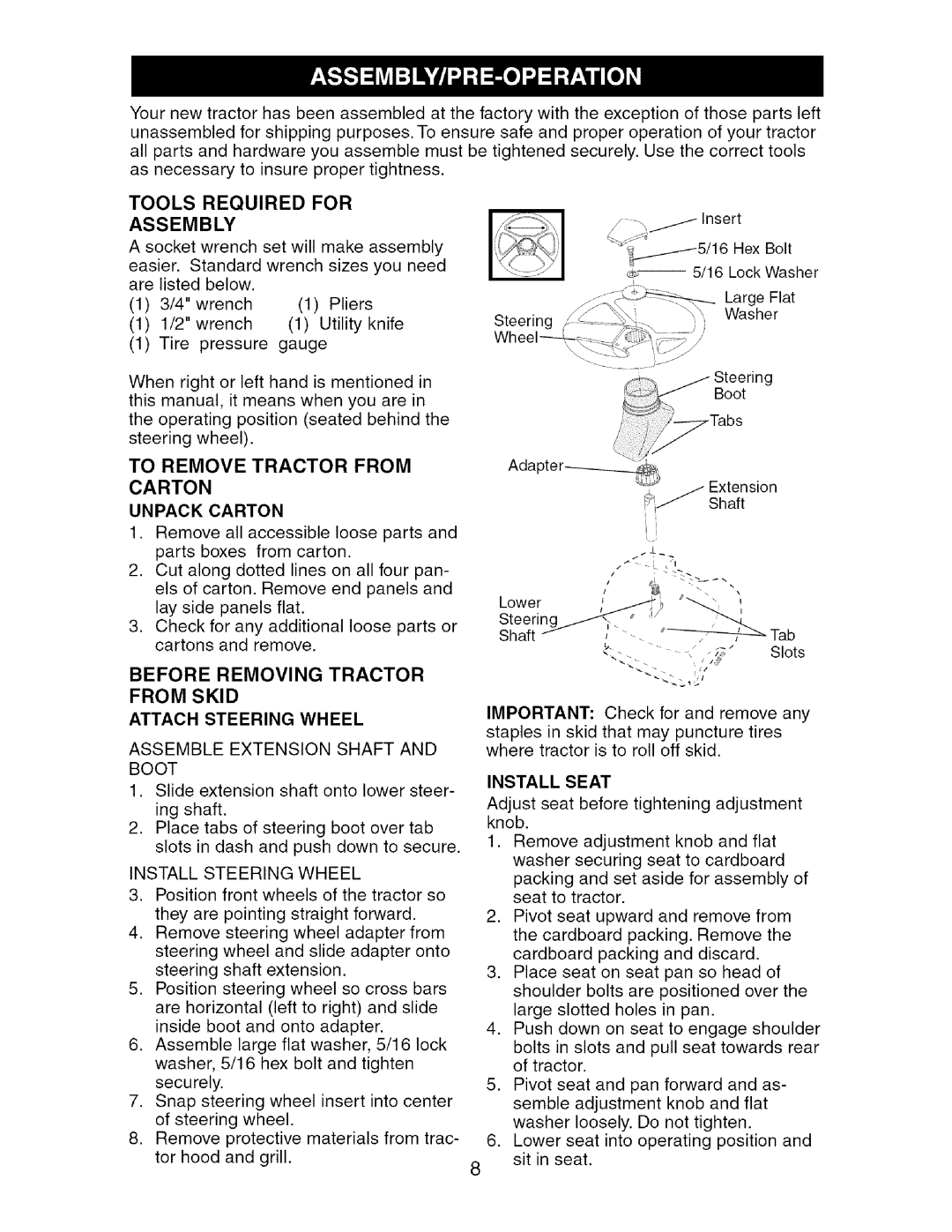 Craftsman 917.27475 manual To Remove Tractor from Carton, Unpack Carton, Assemble Extension Shaft and Boot, Install Seat 