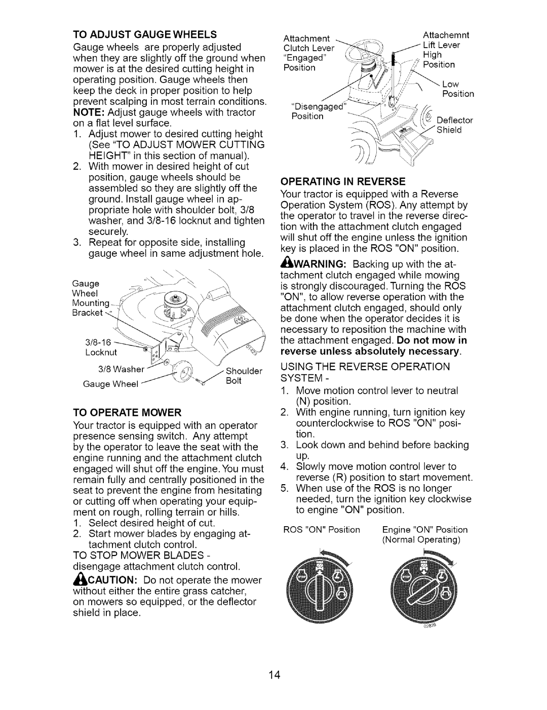 Craftsman 917.274762 owner manual To Adjust Gauge Wheels, Operating in Reverse, To Operate Mower 