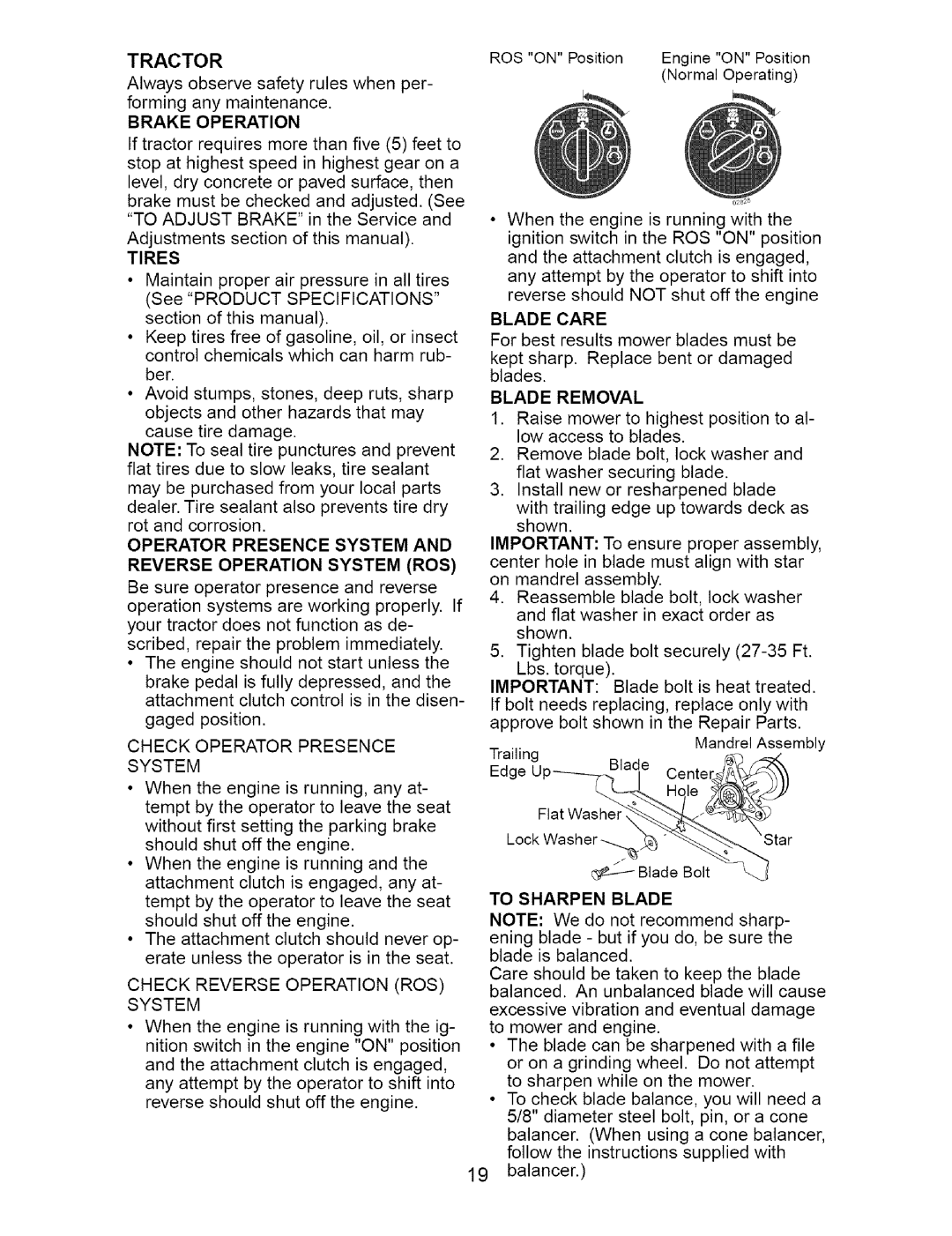 Craftsman 917.274762 Tractor, Operator Presence System Reverse Operation System ROS, Blade Care, To Sharpen Blade 