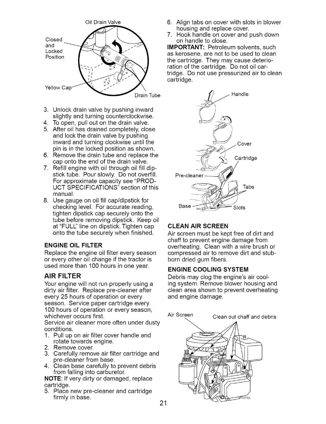 Craftsman 917.274762 owner manual AIR Filter, Clean AIR Screen, Engine Cooling System 