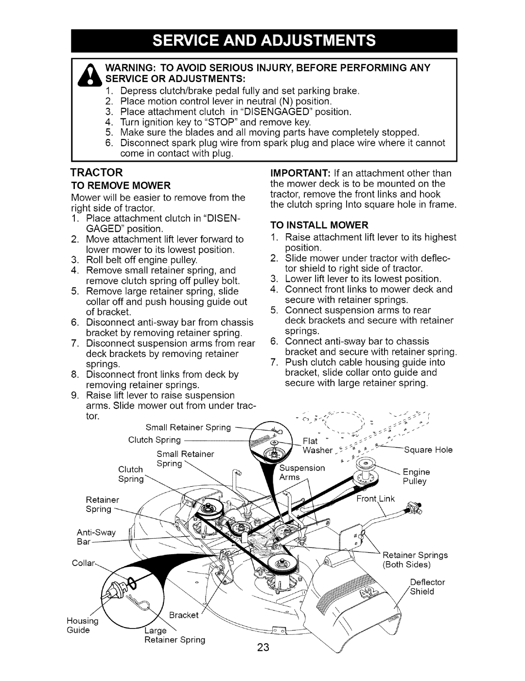 Craftsman 917.274762 owner manual To Remove Mower, To Install Mower 