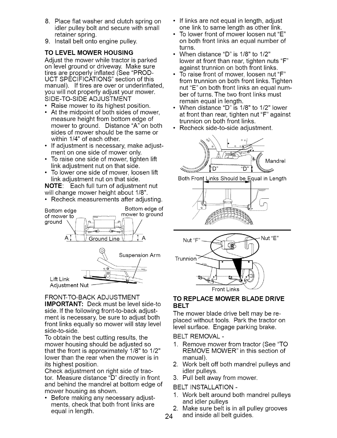 Craftsman 917.274762 To Level Mower Housing, SIDE-TO-SIDE Adjustment, To Replace Mower Blade Drive Belt, Belt Removal 