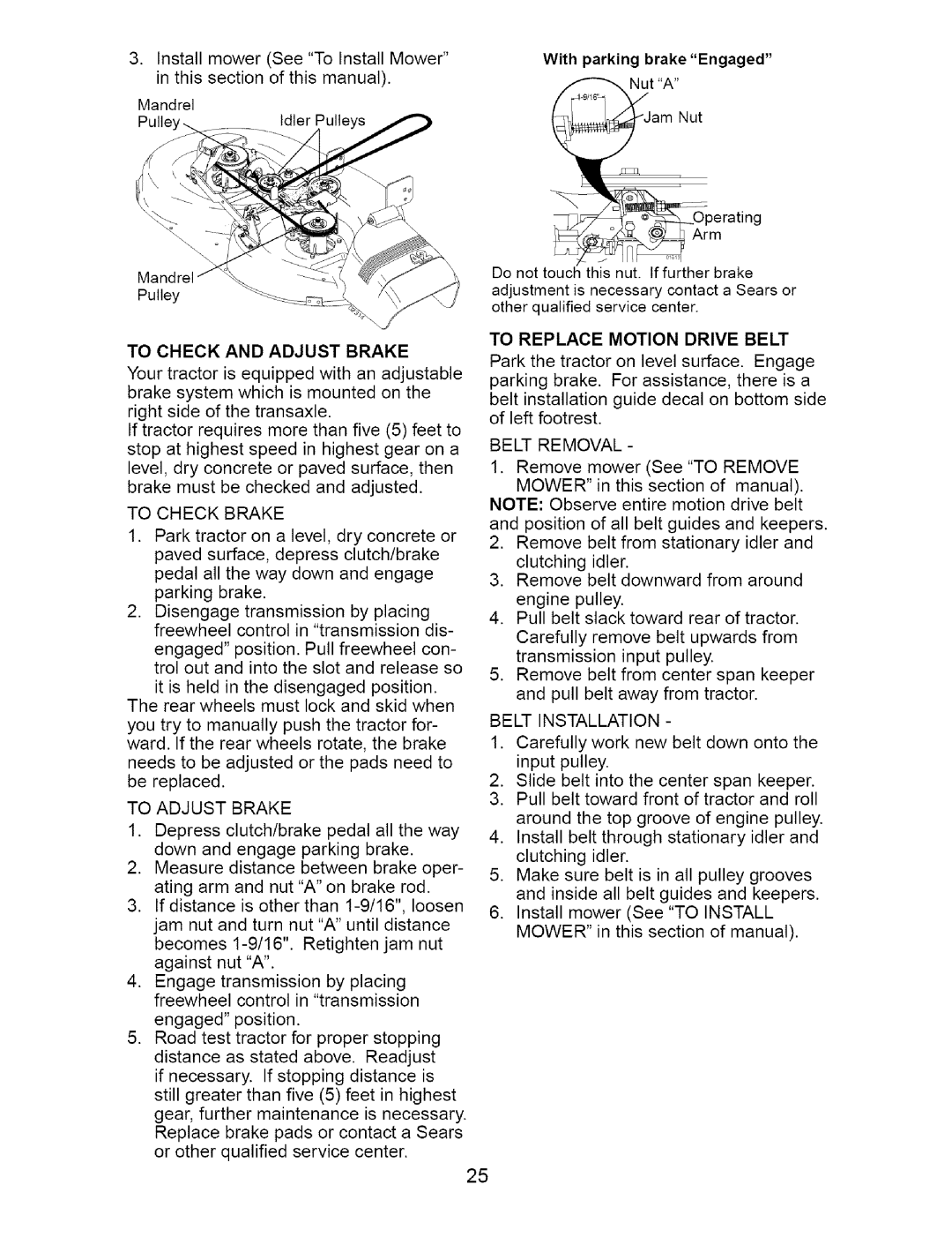 Craftsman 917.274762 owner manual To Check and Adjust Brake, To Check Brake, To Adjust Brake, To Replace Motion Drive Belt 