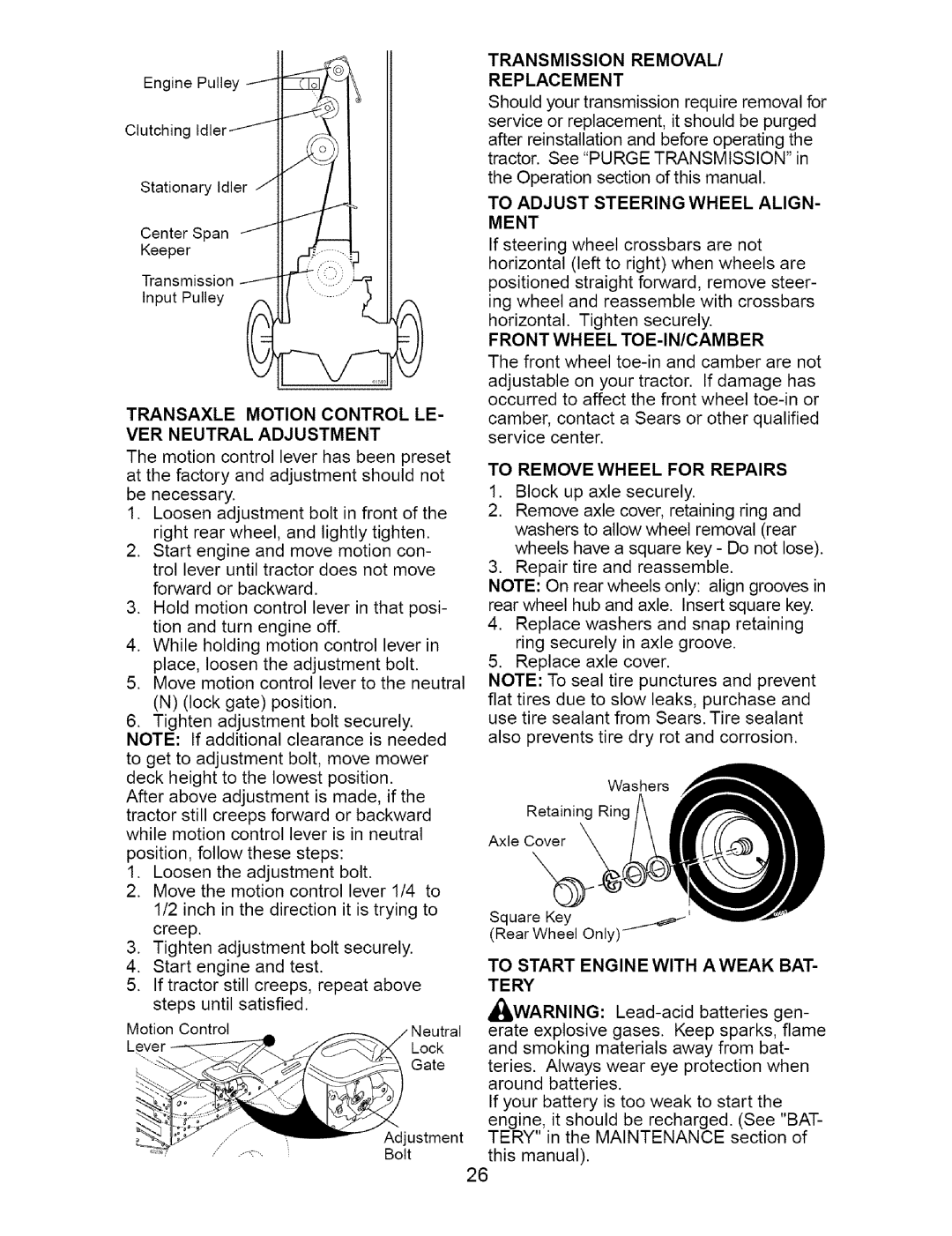 Craftsman 917.274762 Transaxle Motion Control LE VER Neutral Adjustment, Transmission Removal Replacement, Ment 