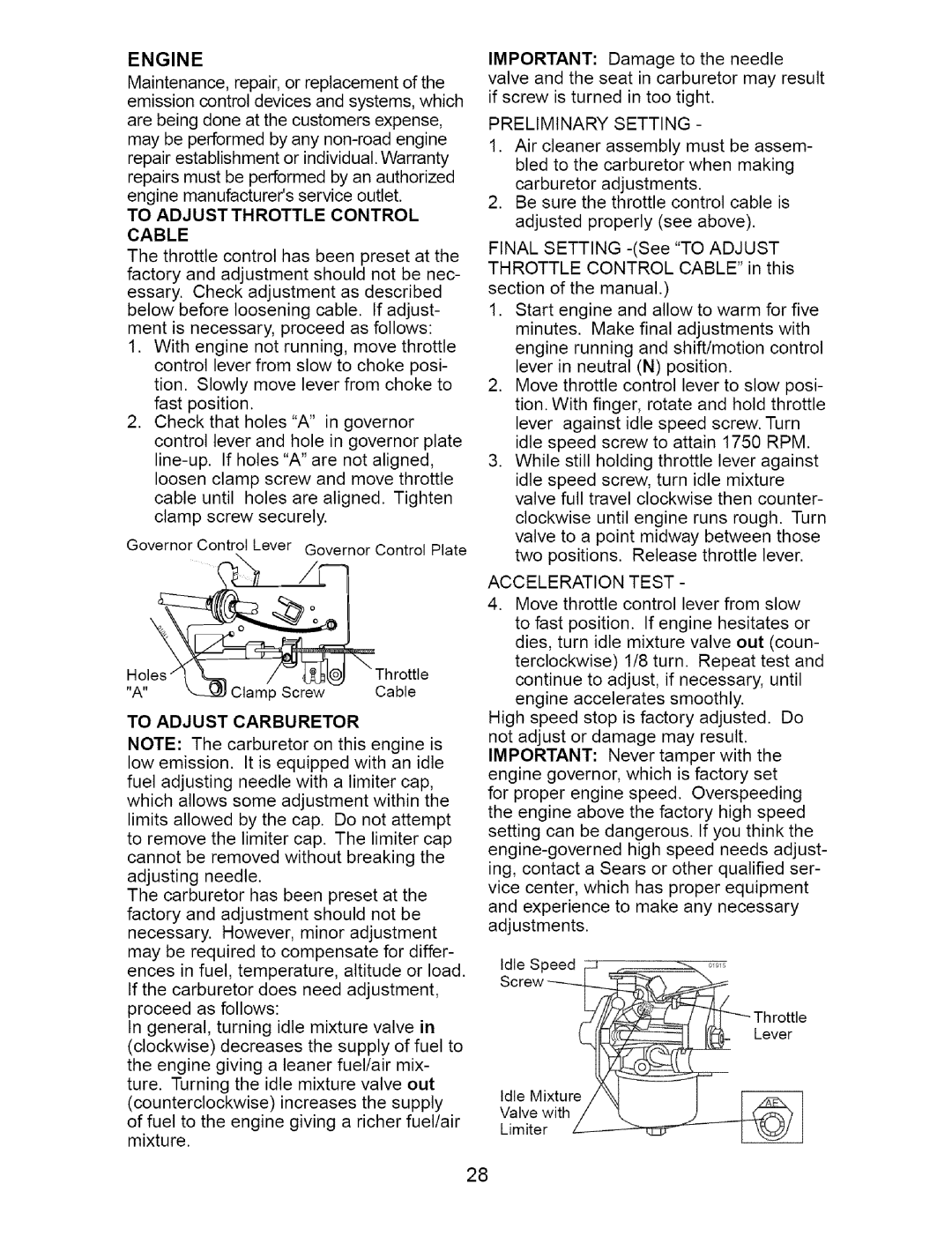 Craftsman 917.274762 owner manual Engine, To Adjust Throttle Control Cable, To Adjust Carburetor, Preliminary Setting 