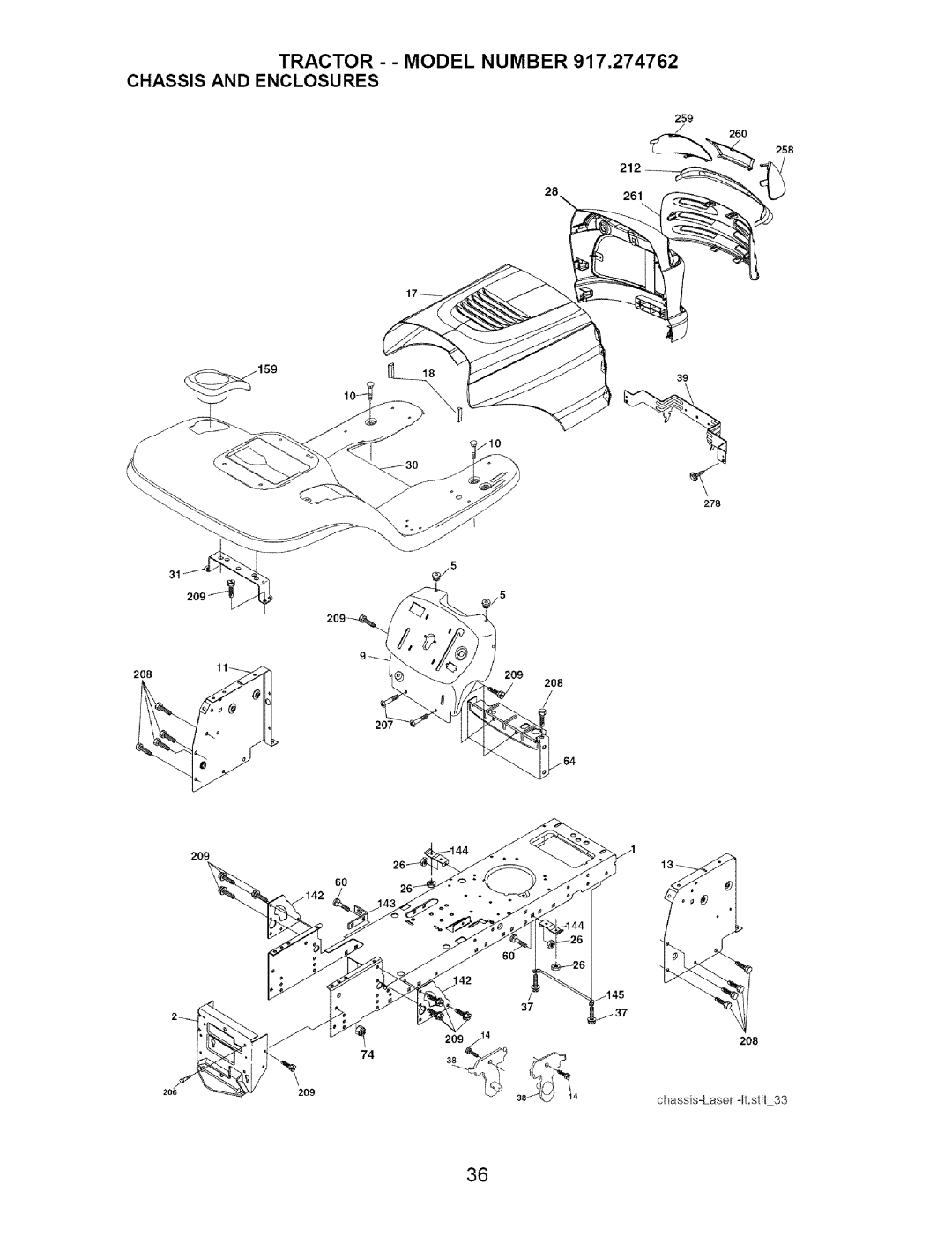 Craftsman 917.274762 owner manual Tractor - Model Number 917,274762 Chassis and Enclosures 