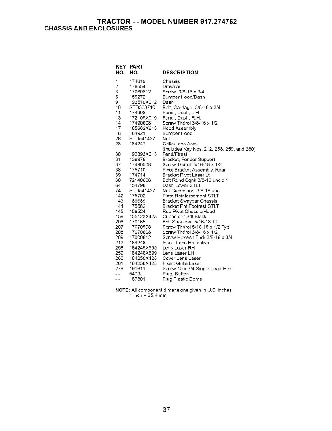 Craftsman owner manual Tractor - Model Number 917.274762 Chassis and Enclosures, KEY Part Description 