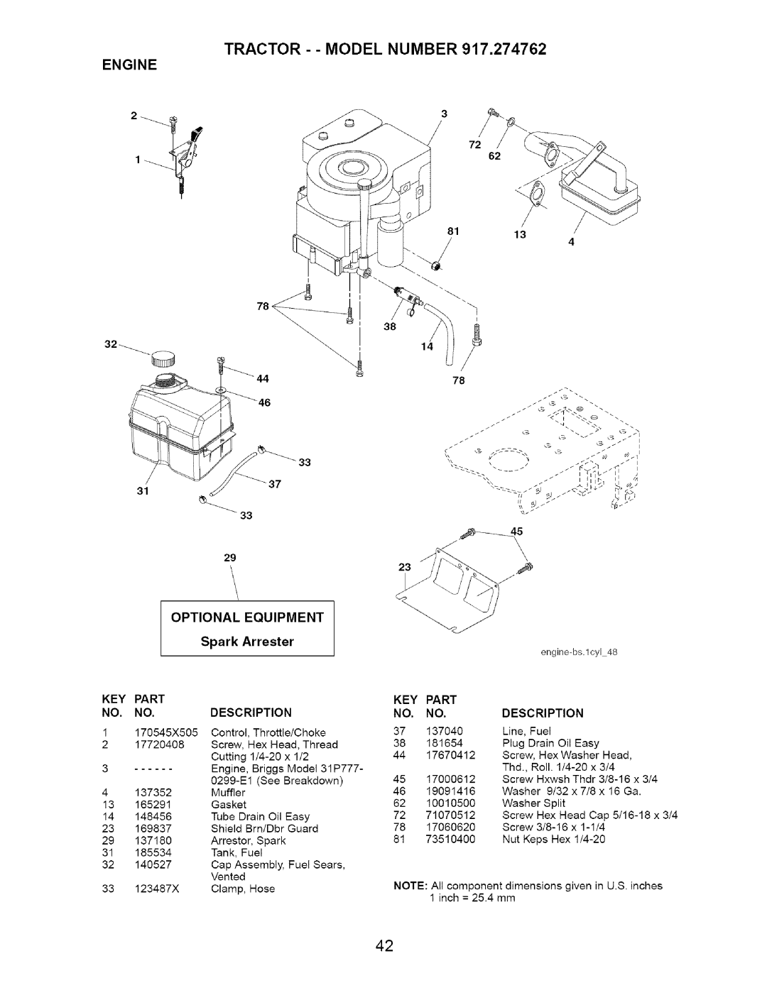 Craftsman 917.274762 owner manual Engine Optional Equipment, Spark Arrester 