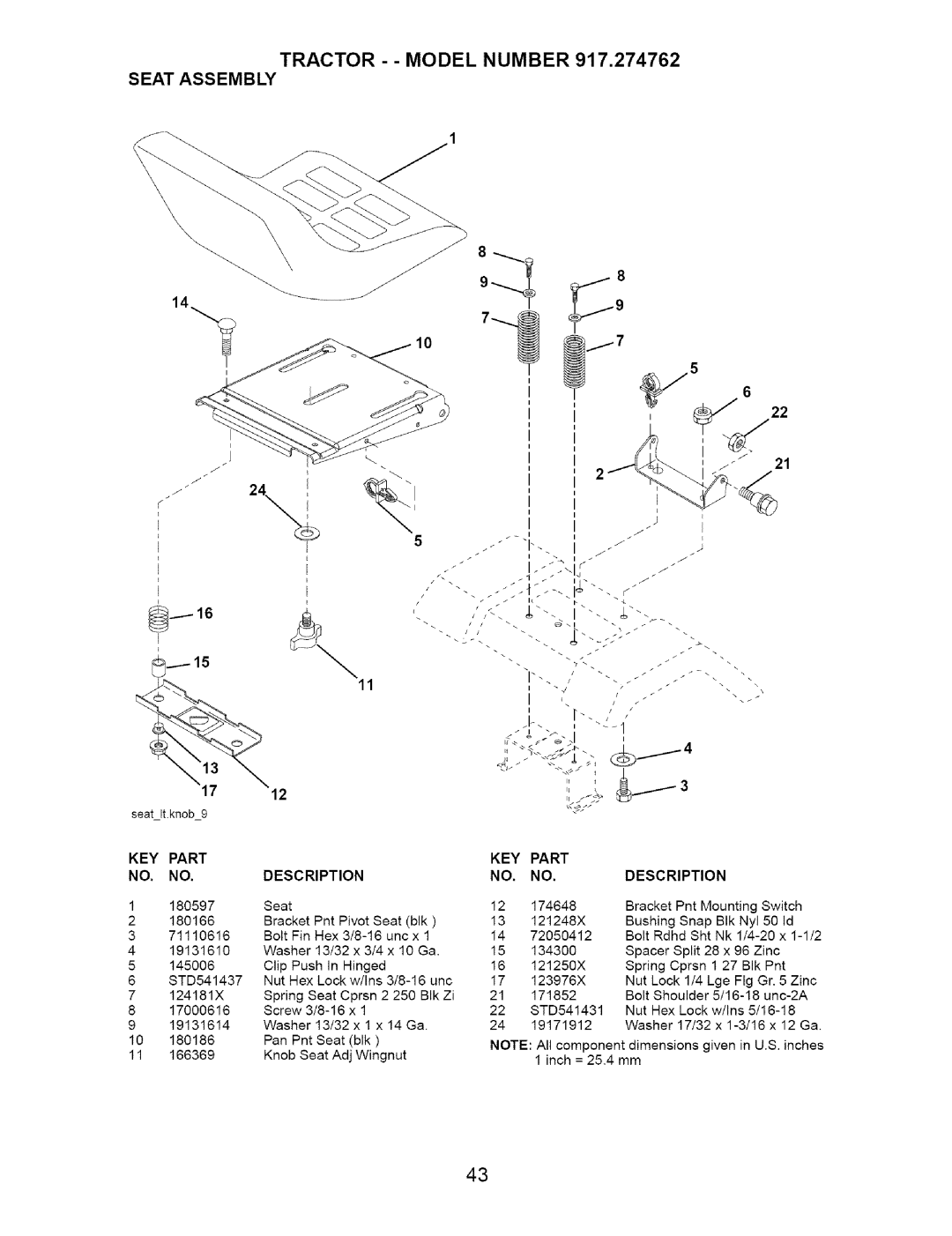 Craftsman 917.274762 owner manual Tractor - Model Number Seat Assembly, 180166 