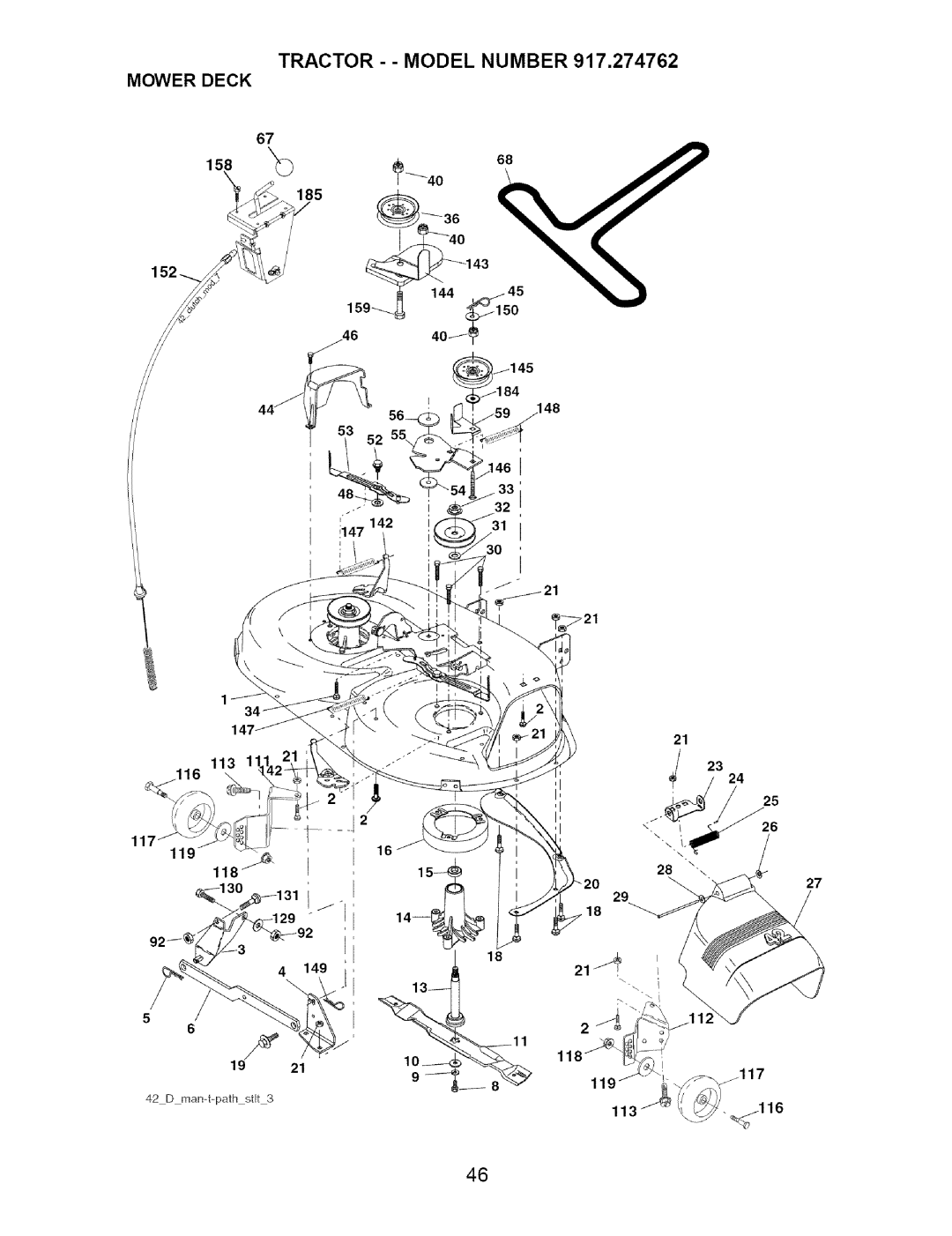 Craftsman 917.274762 owner manual Tractor - Model Number 917,274762 Mower Deck, 15868 185, 117 119, 113 