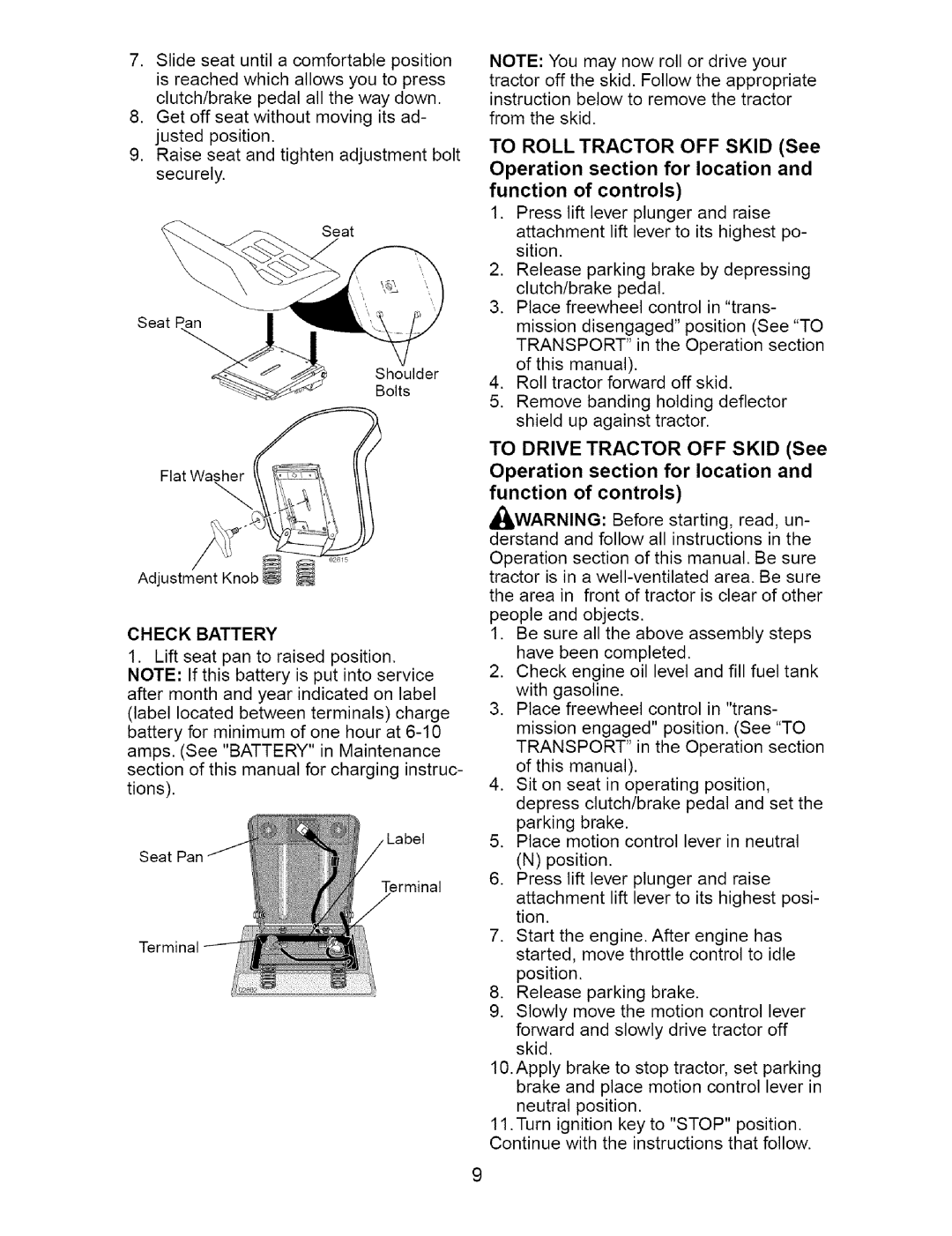 Craftsman 917.274762 owner manual Check Battery, Operation section for location 