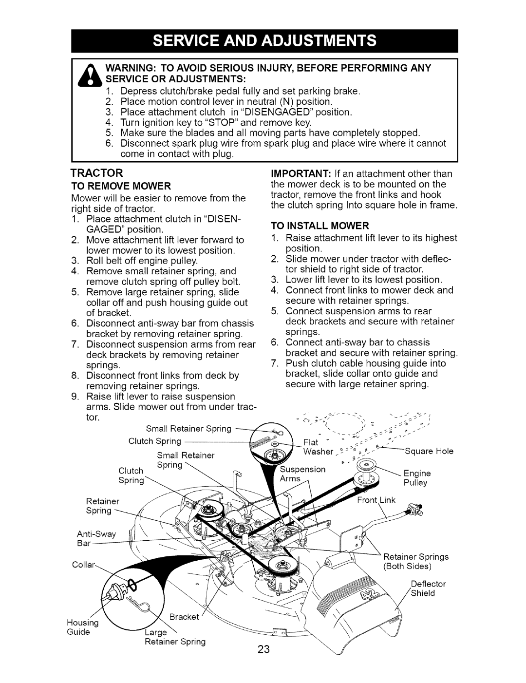 Craftsman 917.274762 owner manual Tractor, To Remove Mower, To Install Mower 