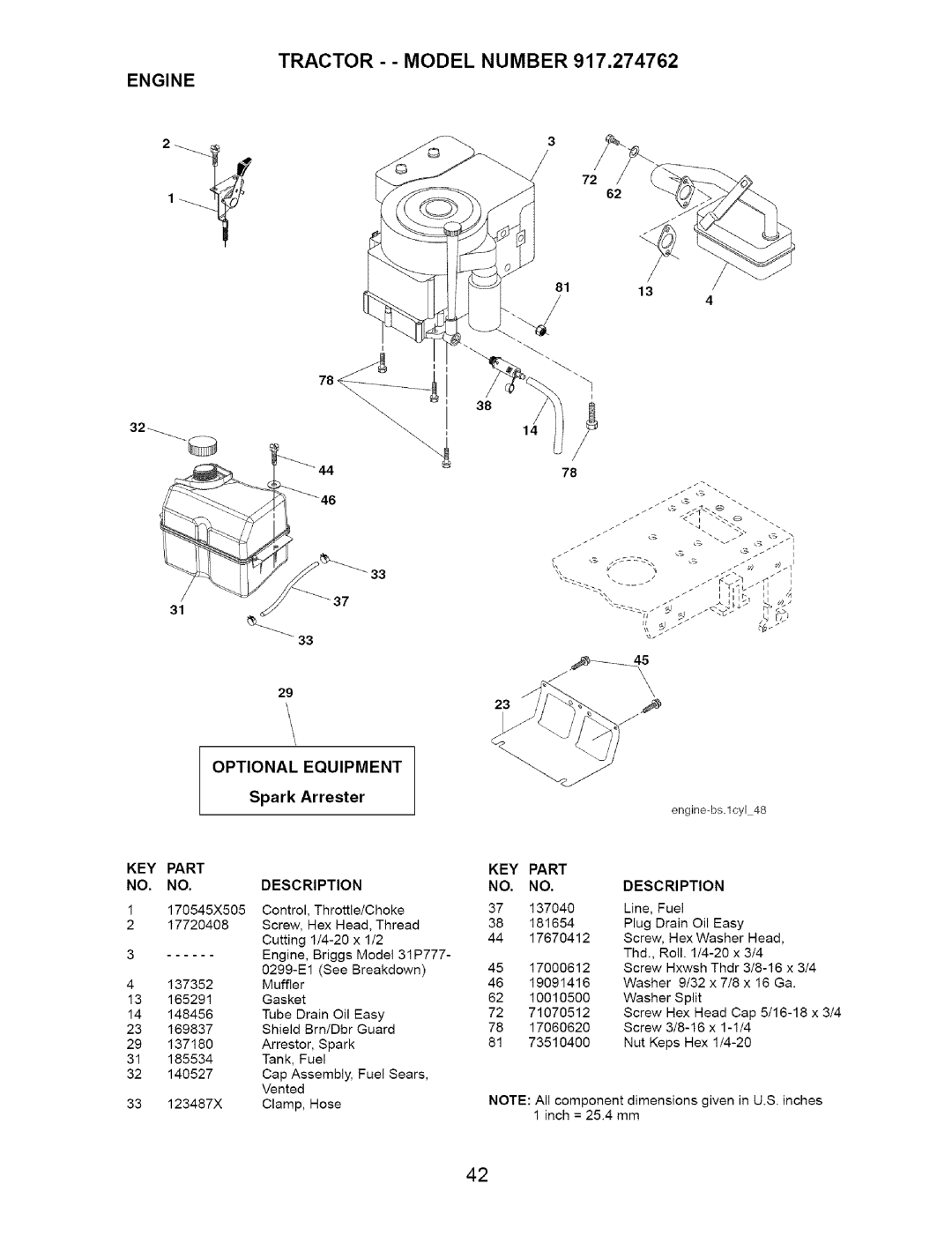 Craftsman 917.274762 owner manual Engine, Optional, Equipment, Spark, Arrester, Part, Description 