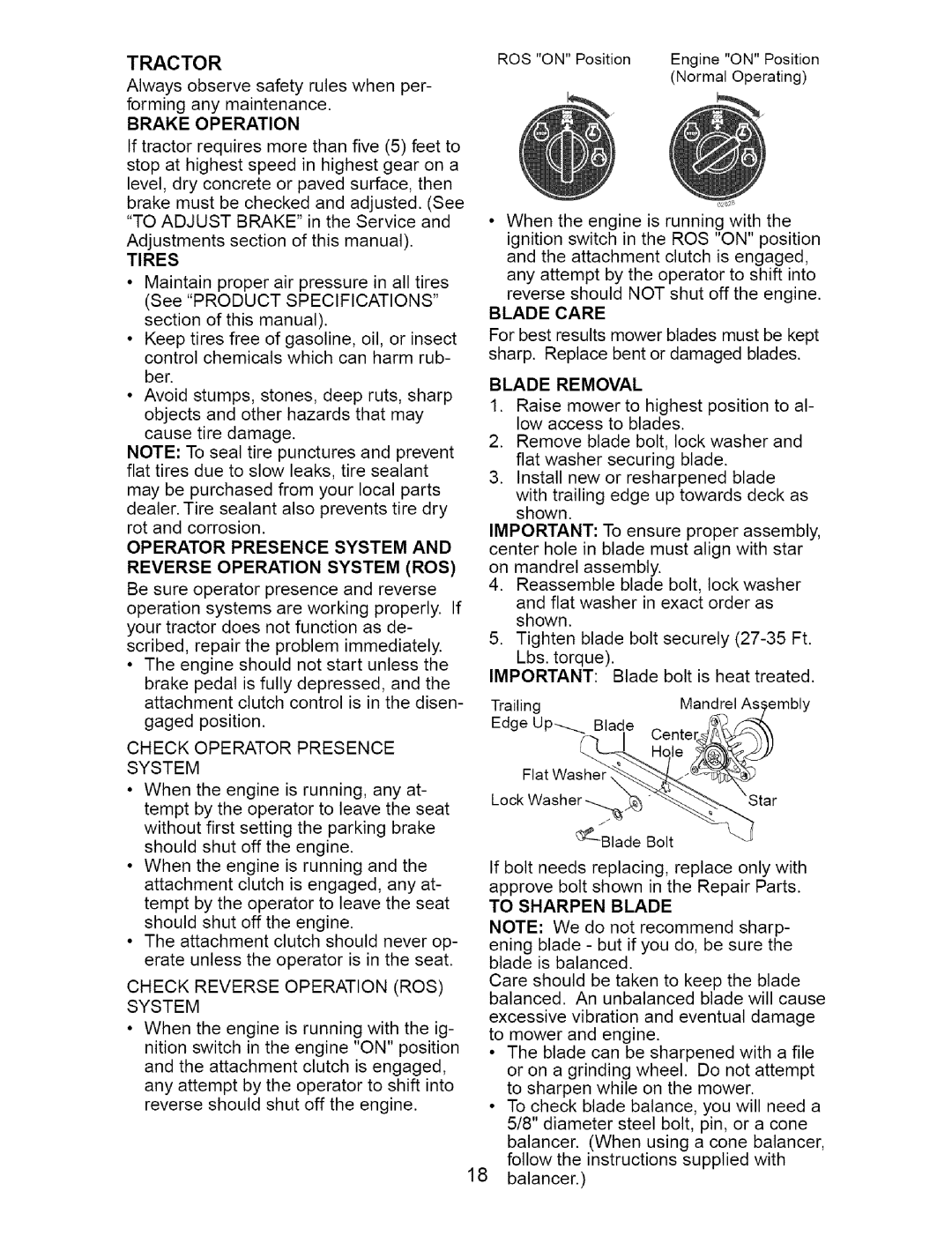 Craftsman 917.27481 owner manual Operator Presence System Reverse Operation System ROS, Blade Care, Blade Removal 