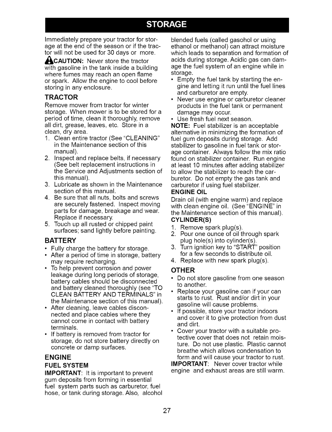 Craftsman 917.27481 owner manual Fuel System, Battery, Engine OIL, Cylinders 