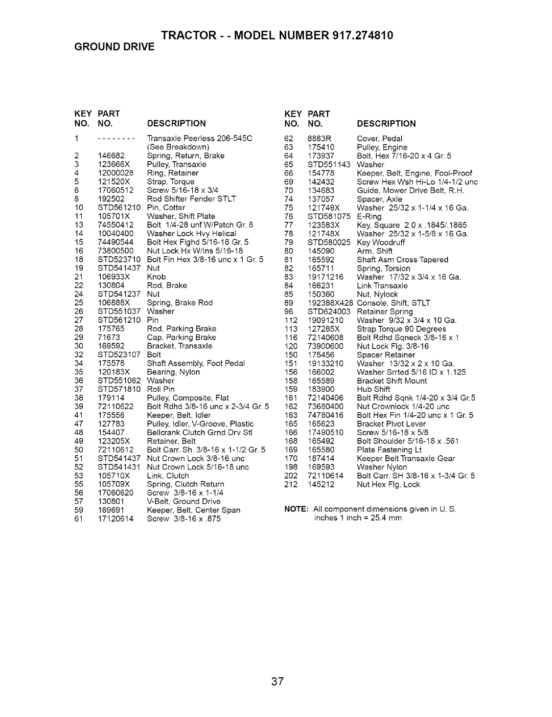 Craftsman 917.27481 owner manual Tractor - Model Number 917,274810 Ground Drive, KEY Part Description 