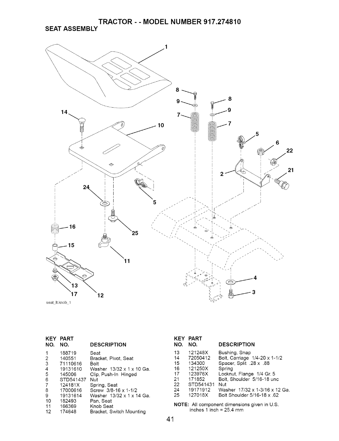 Craftsman 917.27481 owner manual Tractor - Model Number 917,274810 Seat Assembly, Part Description 