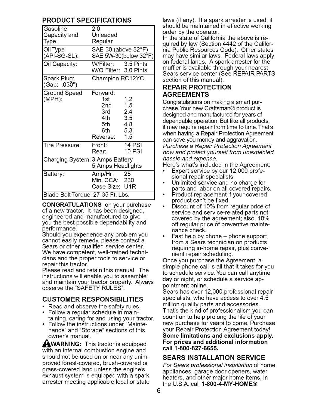 Craftsman 917.27481 owner manual Customer Responsibilities, Sears Installation Service 