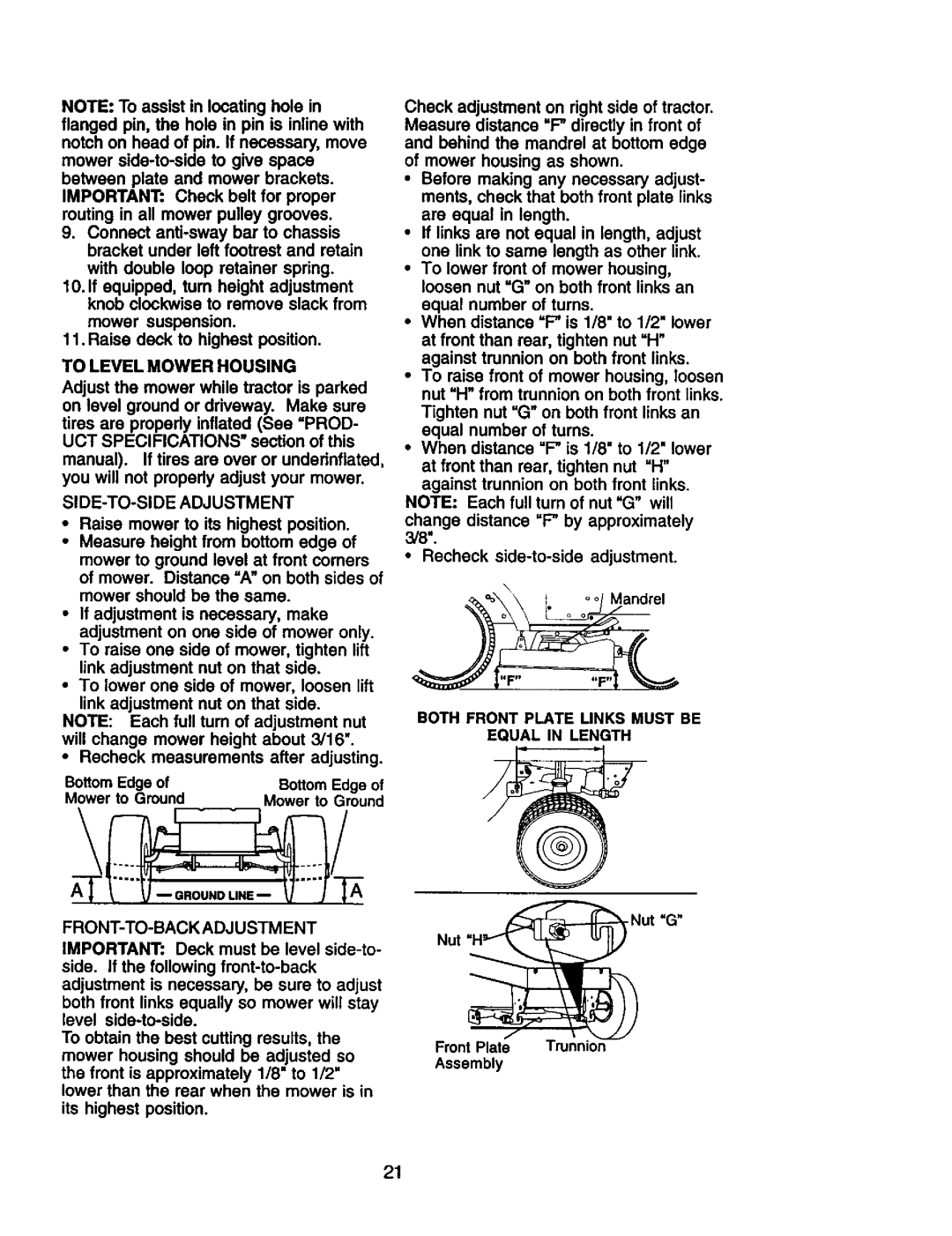 Craftsman 917.274953 manual To Level Mower Housing, SIDE-TO-SIDE Adjustment, Both Front Plate Links Must be Equal in Length 