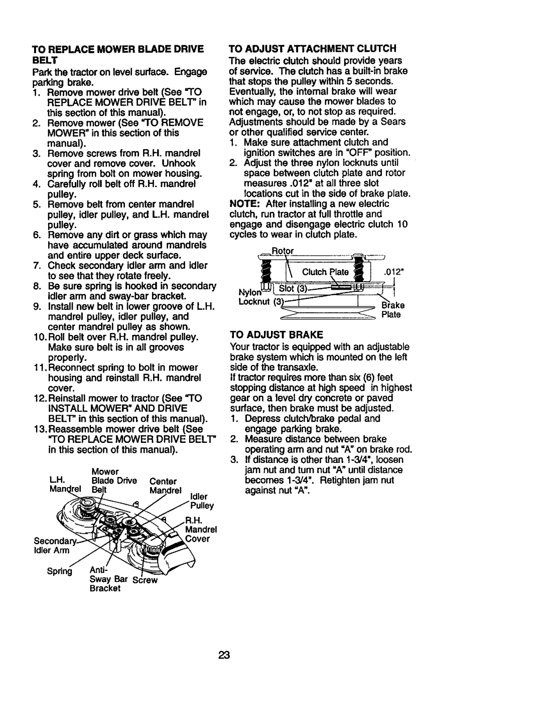 Craftsman 917.274953 manual To Adjust Brake, To Replace Mower Blade Drive Belt 