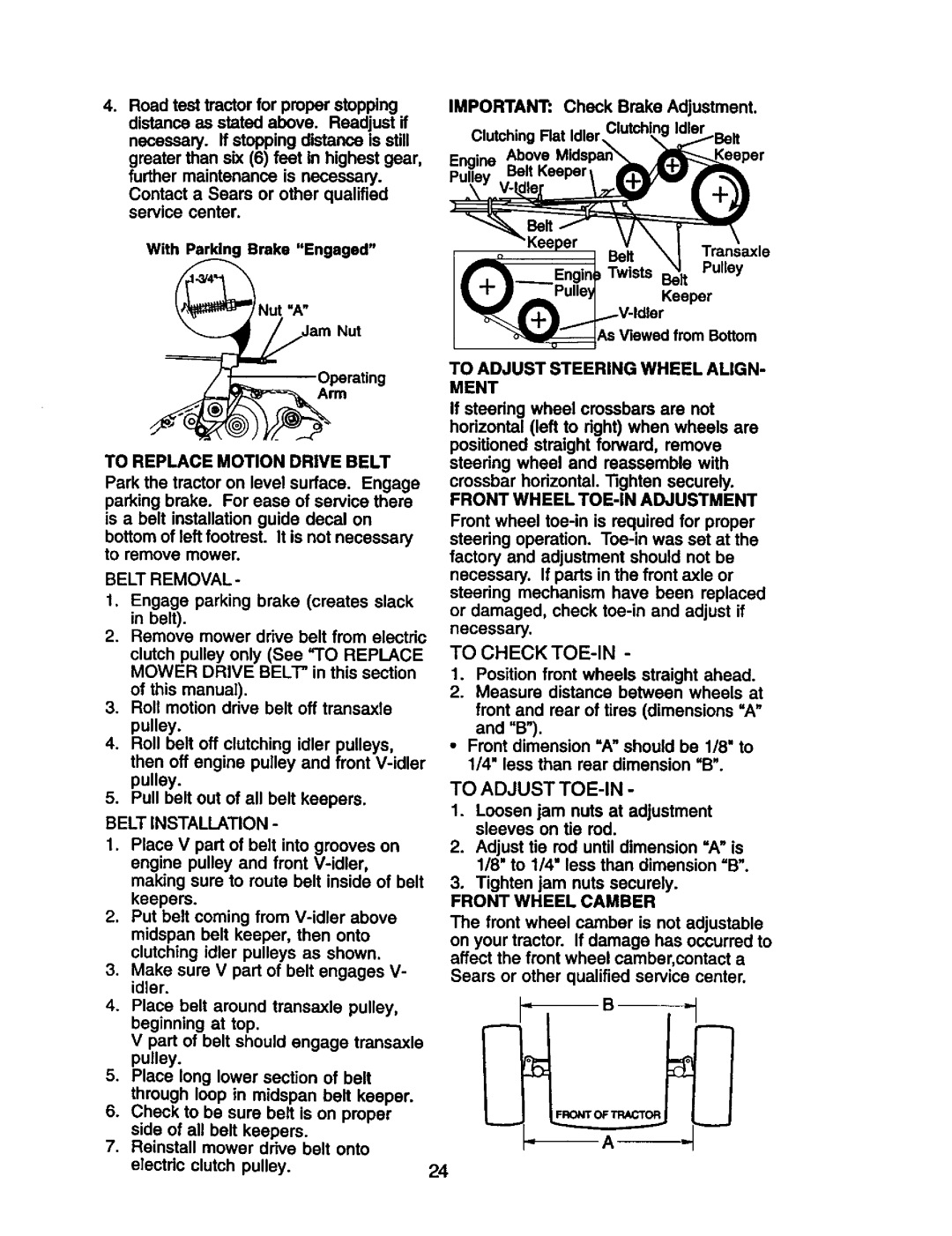 Craftsman 917.274953 manual To Replace Motion Drive Belt, To Adjust TOE-IN, Front Wheel Camber 