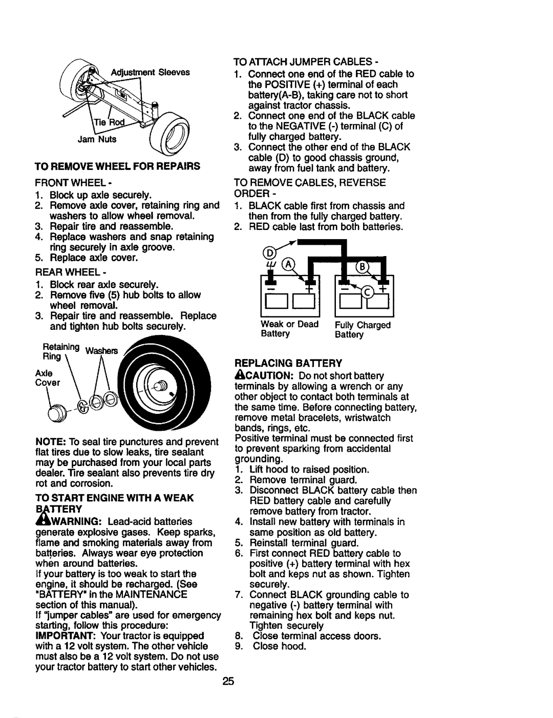 Craftsman 917.274953 Front Wheel, Rear Wheel, To Start Engine with a Weak, To Remove Wheel for Repairs, Replacing Battery 