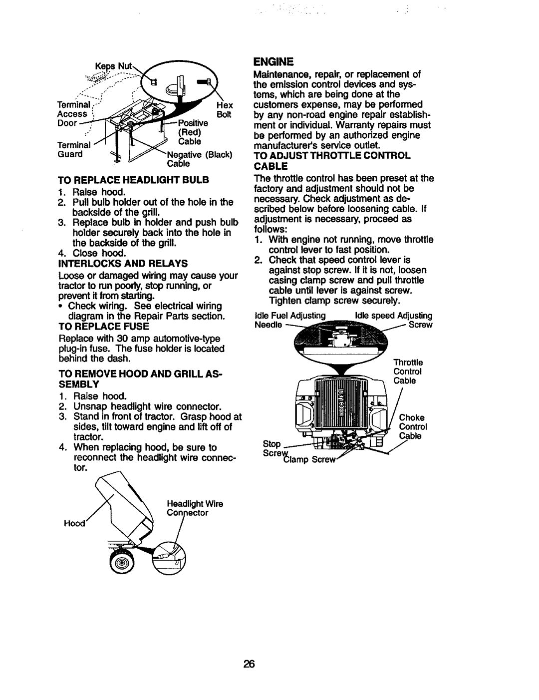 Craftsman 917.274953 manual To Replace Headlight Bulb, Interlocks and Relays, To Replace Fuse, Engine 