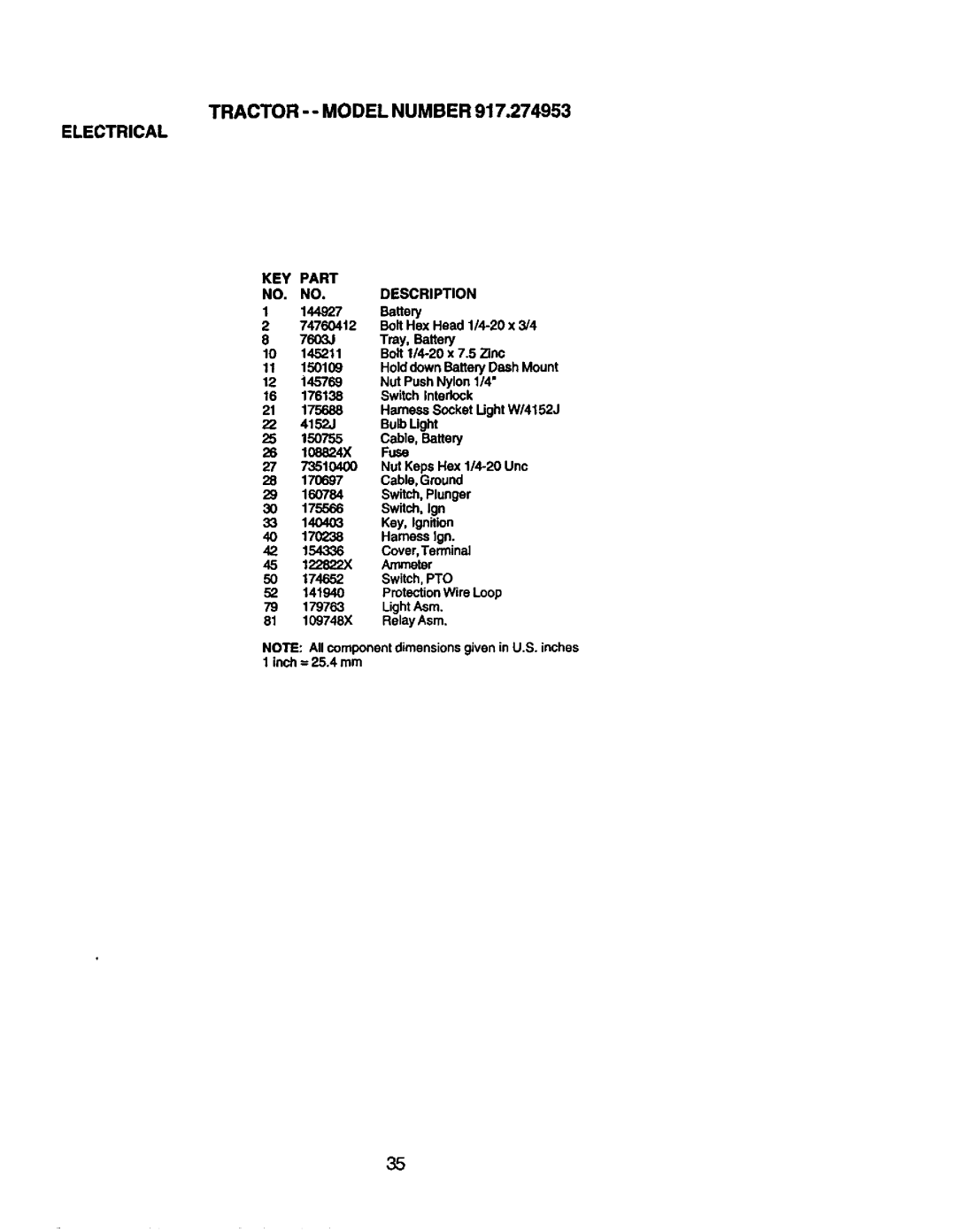 Craftsman 917.274953 manual Tractor -- Model Number Electrical, KEY Part Description 