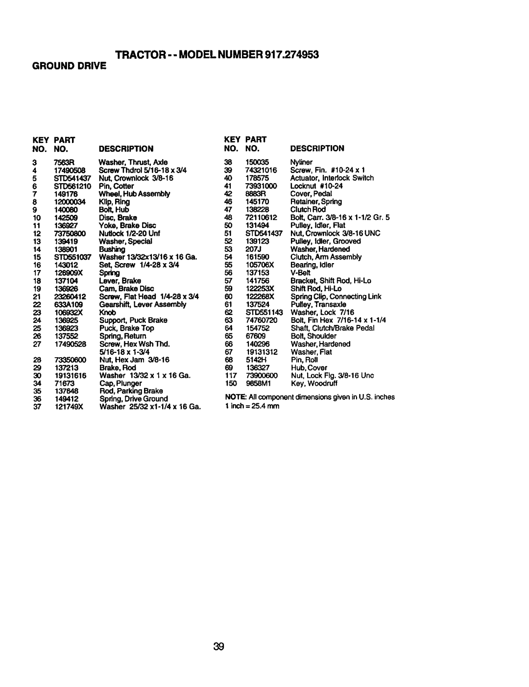 Craftsman 917.274953 manual Tractor - Model Number Ground Drive, KEY Part Description NO. no 