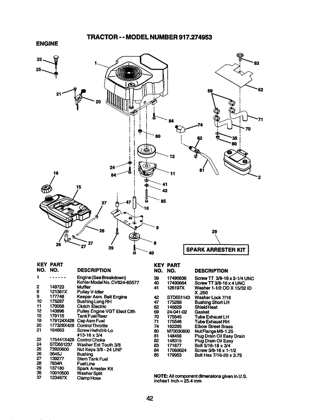 Craftsman 917.274953 manual Tractor -- Model Number, 40I Spark Arrester KIT 