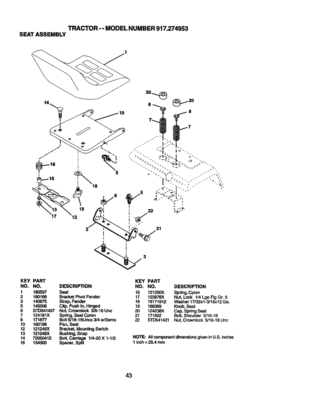 Craftsman manual Tractor -- Model Number 917.274953 Seatassembly 