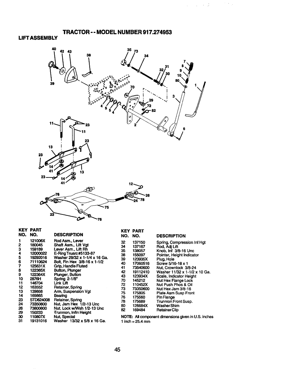 Craftsman 917.274953 manual TRACTOR-- Model Number, Lift Assembly 