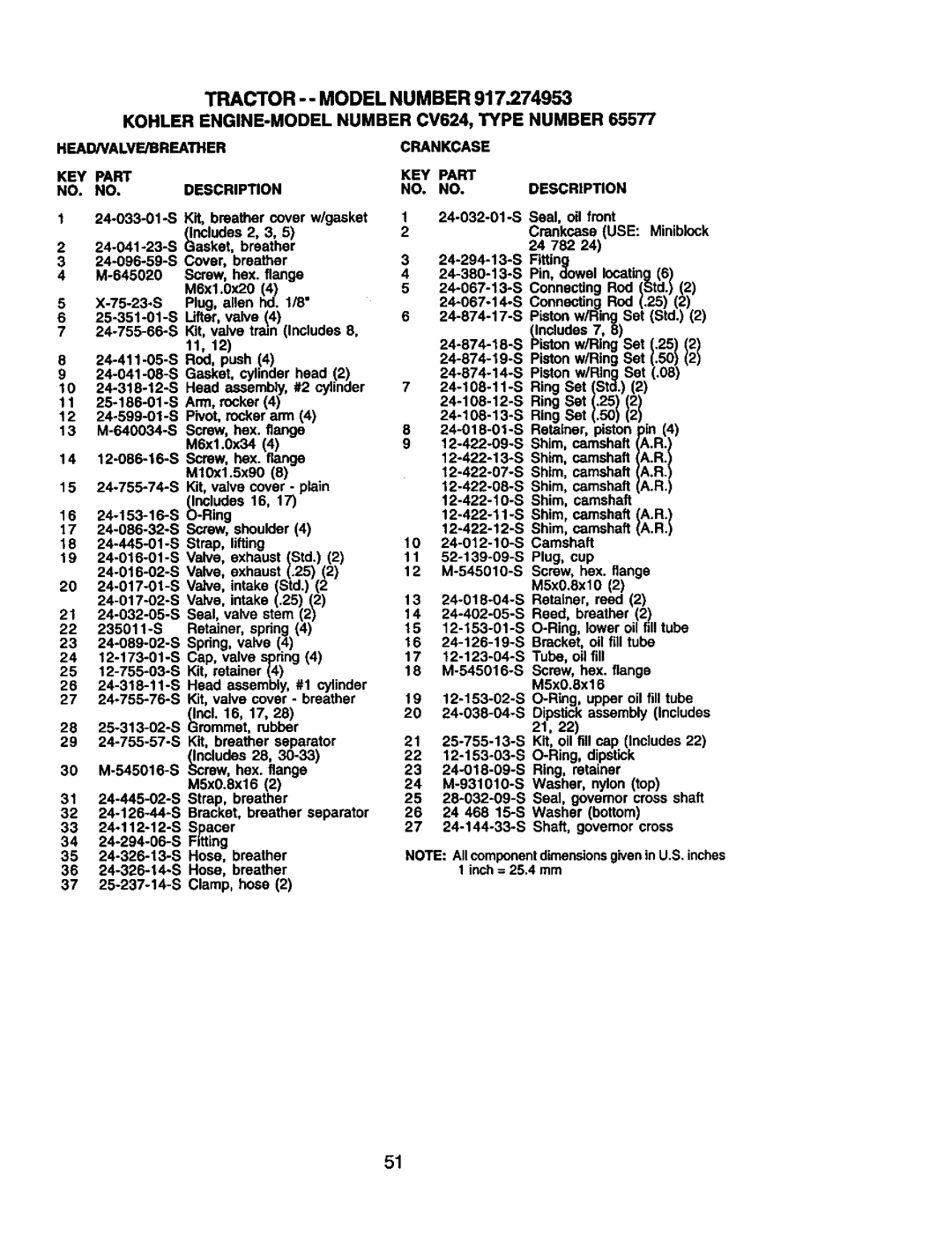 Craftsman 917.274953 manual Tractor -- Model Number, HEADNALVF./BREATHER KEY Part Description 