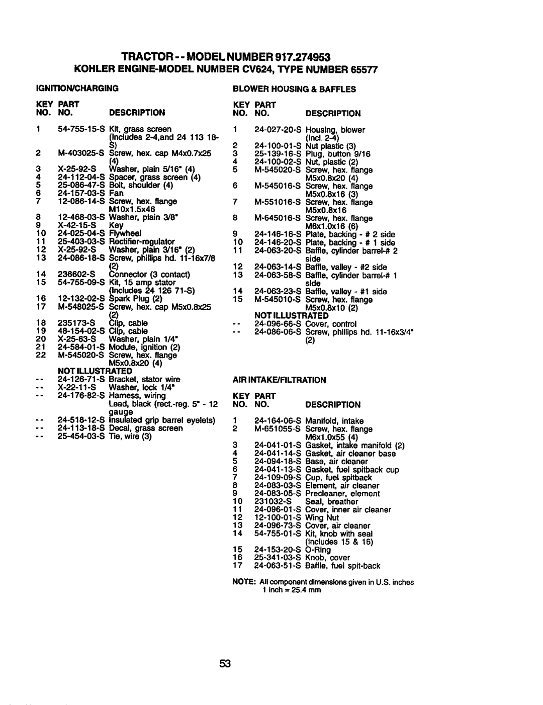 Craftsman 917.274953 manual Tractor, KEY Part Description, Not Illustrated, Air Intake/Filtration 