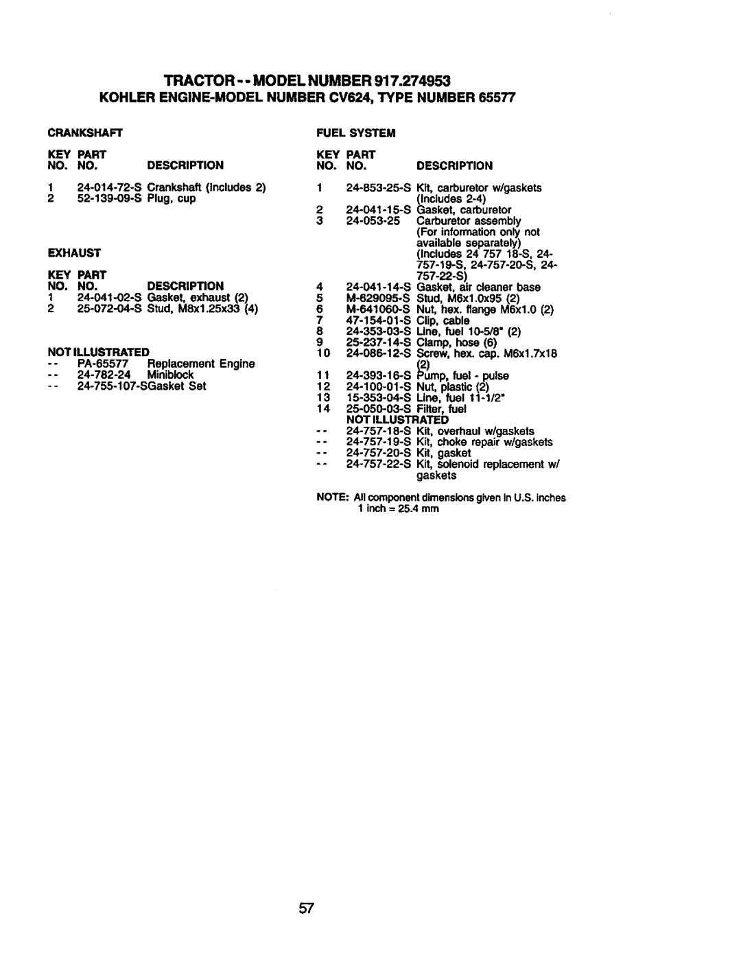 Craftsman 917.274953 manual Exhaust KEY Part NO. NO.DESCRIPTION, Not Illustrated KEY Part NO. no 