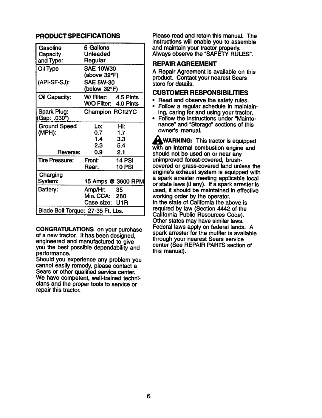 Craftsman 917.274953 manual Repair Agreement, Product Specifications, Api-Sf-Sj, RC12YC, Customer Responsibilities 