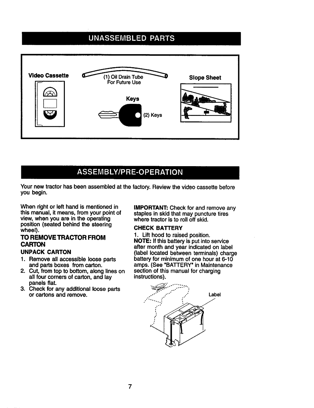 Craftsman 917.274953 manual To Remove Tractor from, Unpack Carton, Check Battery 