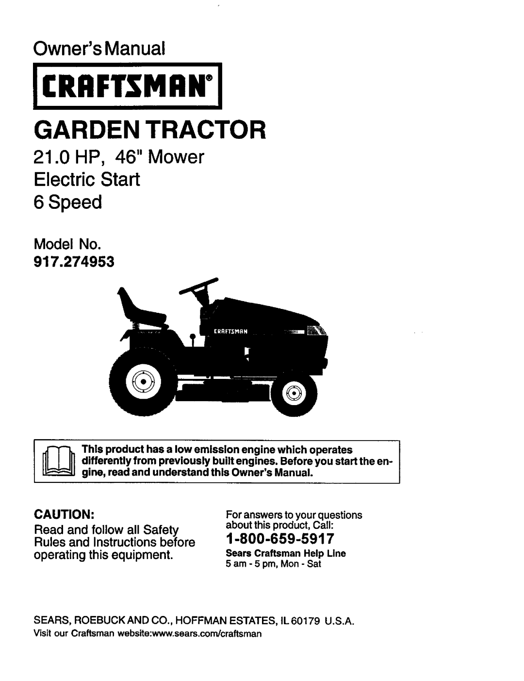 Craftsman 917.274953 manual 1-800-659-5917, operating this equipment, Icrrftsmrni, Garden Tractor, OwnersManual, Speed 