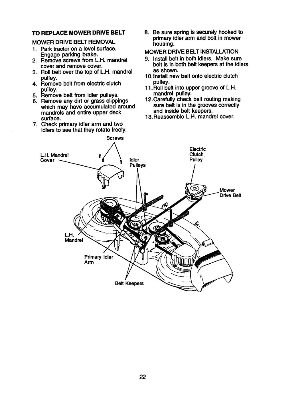 Craftsman 917.274953 manual To Replacemowerdrivebelt Mowerdrivebeltremoval, Rollbelt over thetop of L.H. mandrel pulley 