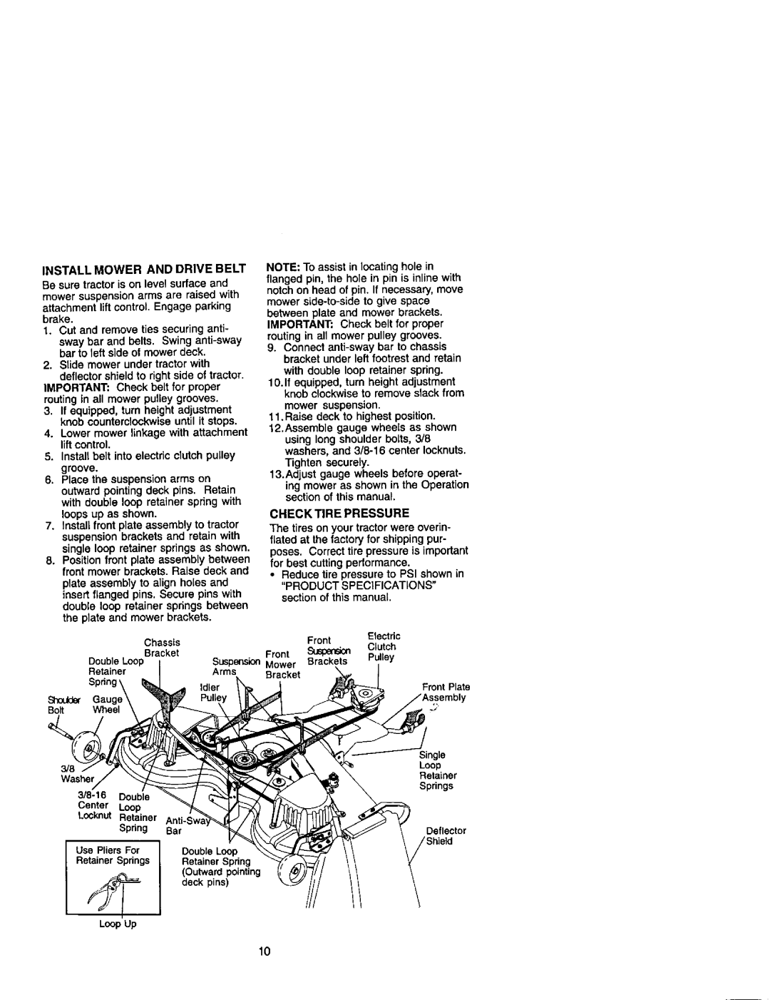 Craftsman 917.27499 manual Install Mower and Drive Belt, Mower suspension, Check Tire Pressure, Shoder Bolt Wheel 