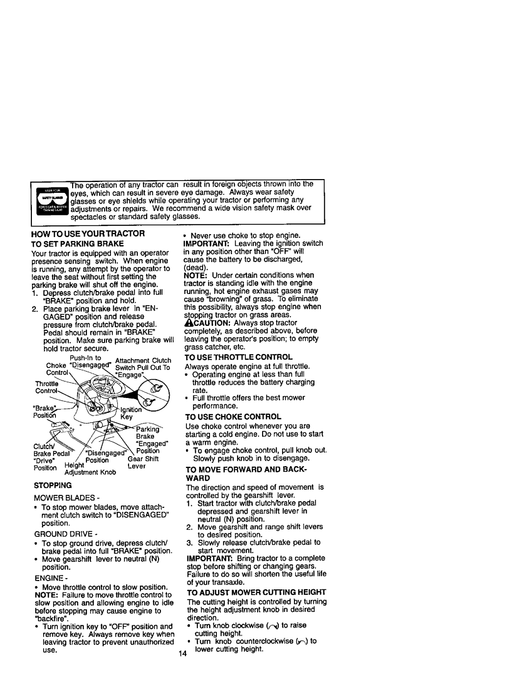 Craftsman 917.27499 manual HOW to Useyourtractor To SET Parking Brake, Stopping, To USE Choke Control 