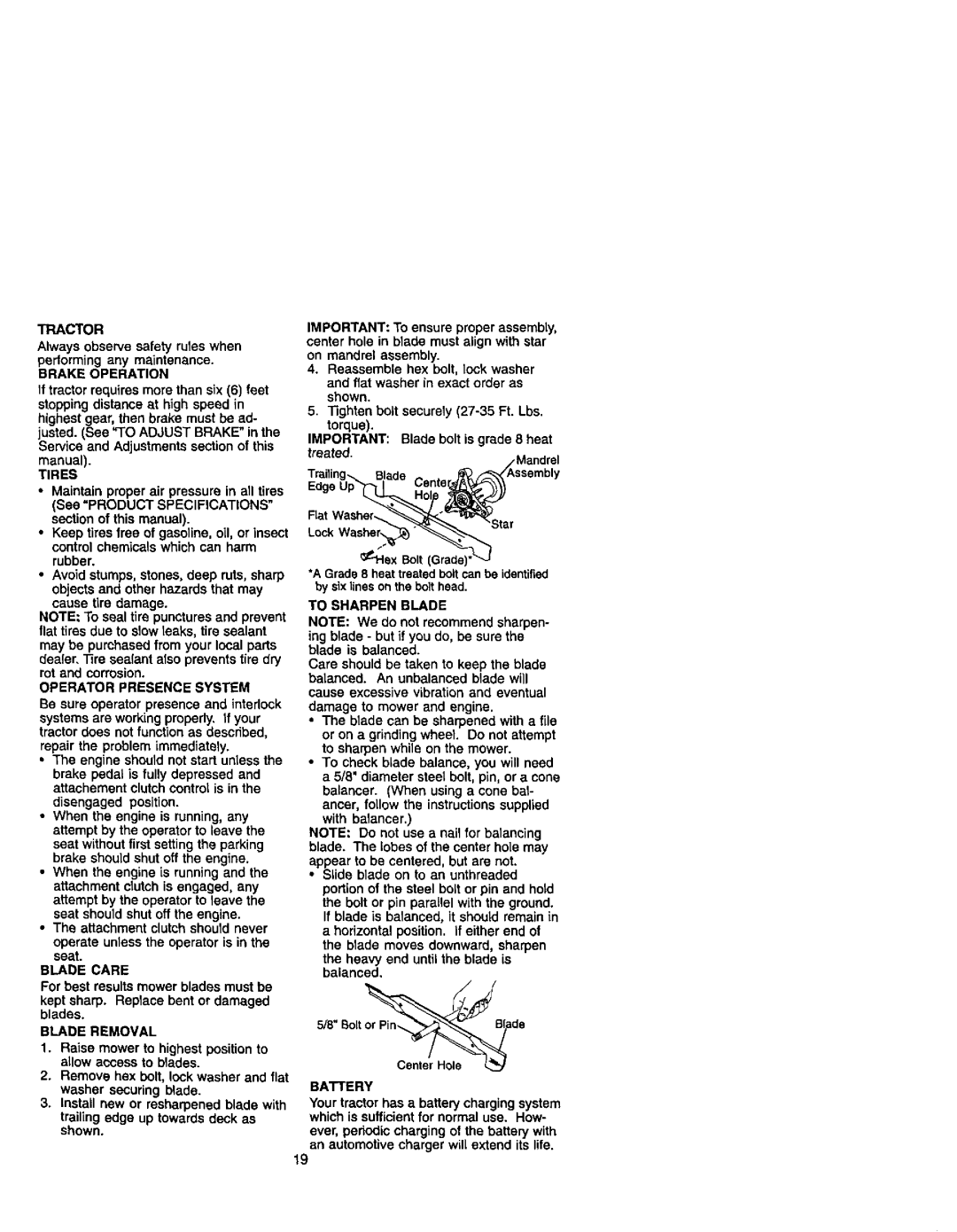 Craftsman 917.27499 Brake Operation, Tires, Operator Presence System, Blade Care, Blade Removal, To Sharpen Blade, Battery 