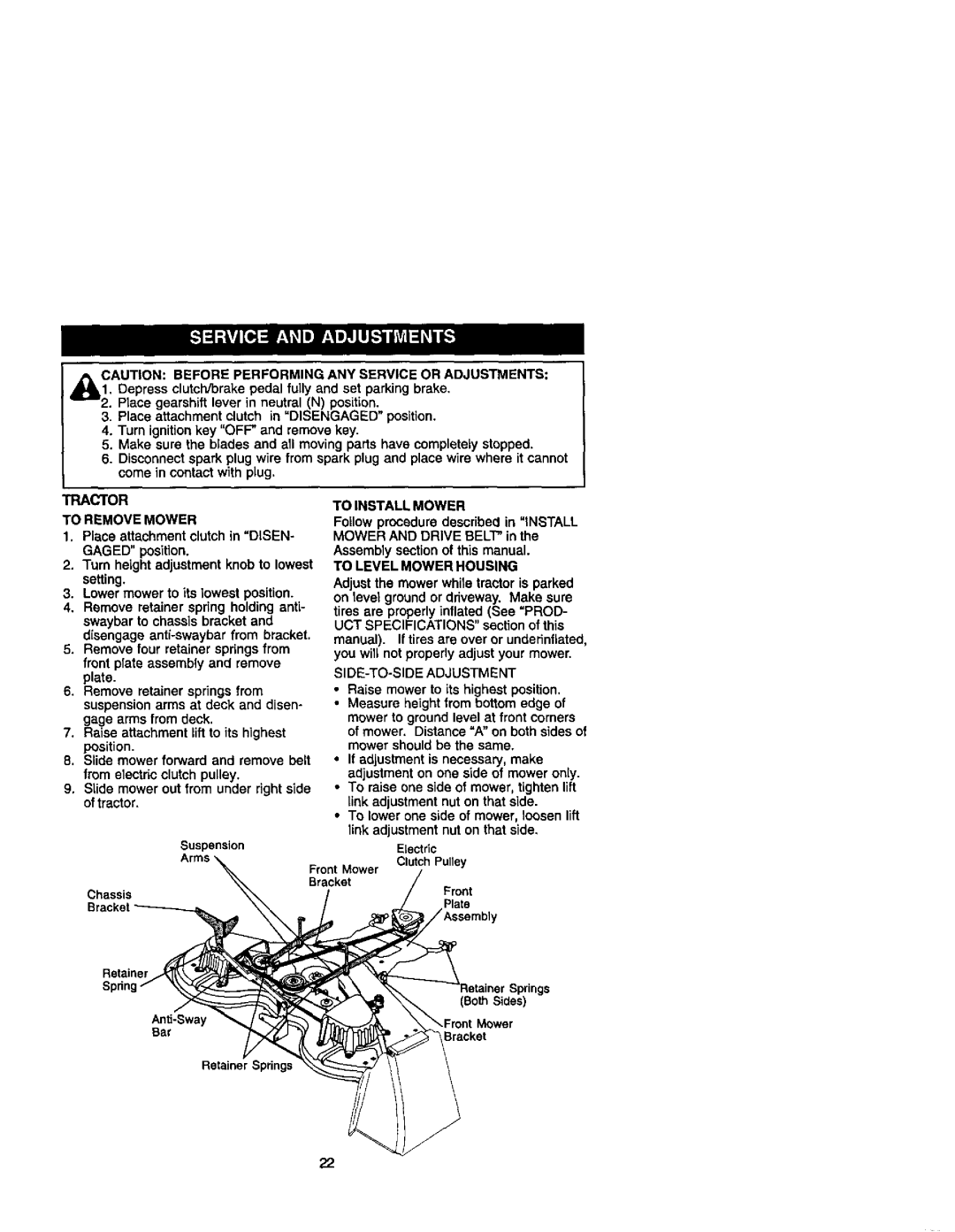 Craftsman 917.27499 manual Tractor, To Remove Mower, To Install Mower, To Level Mower Housing, SIDE-TO-SIDE Adjustment 