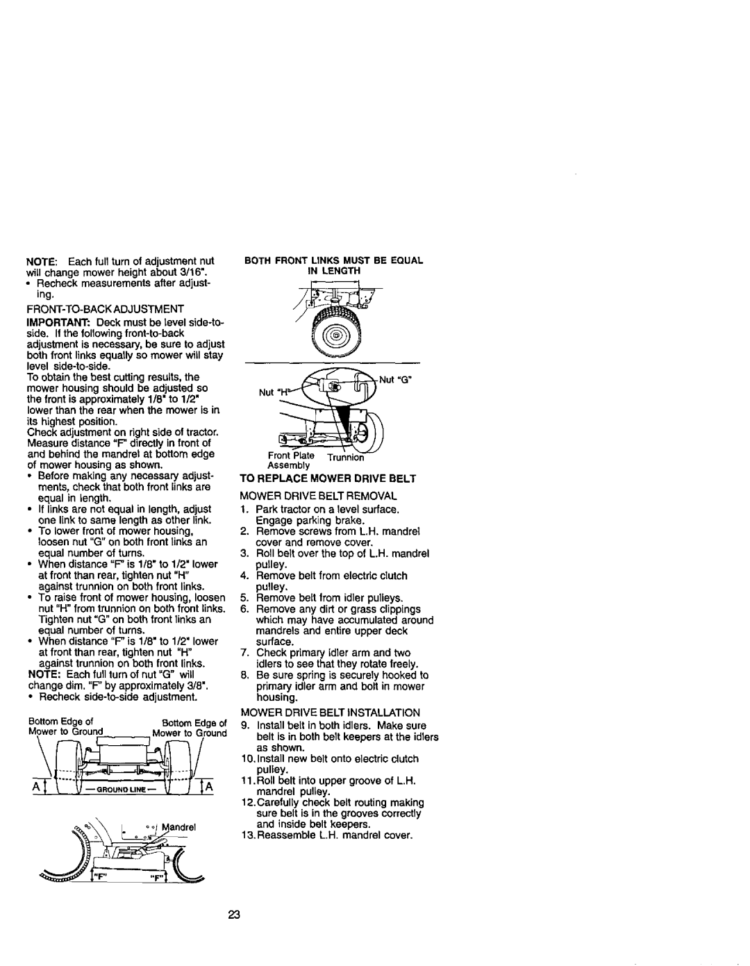 Craftsman 917.27499 manual Recheck side-to-side adjustment, Both Front Links Must be Equal Length, Mower Drive Belt Removal 