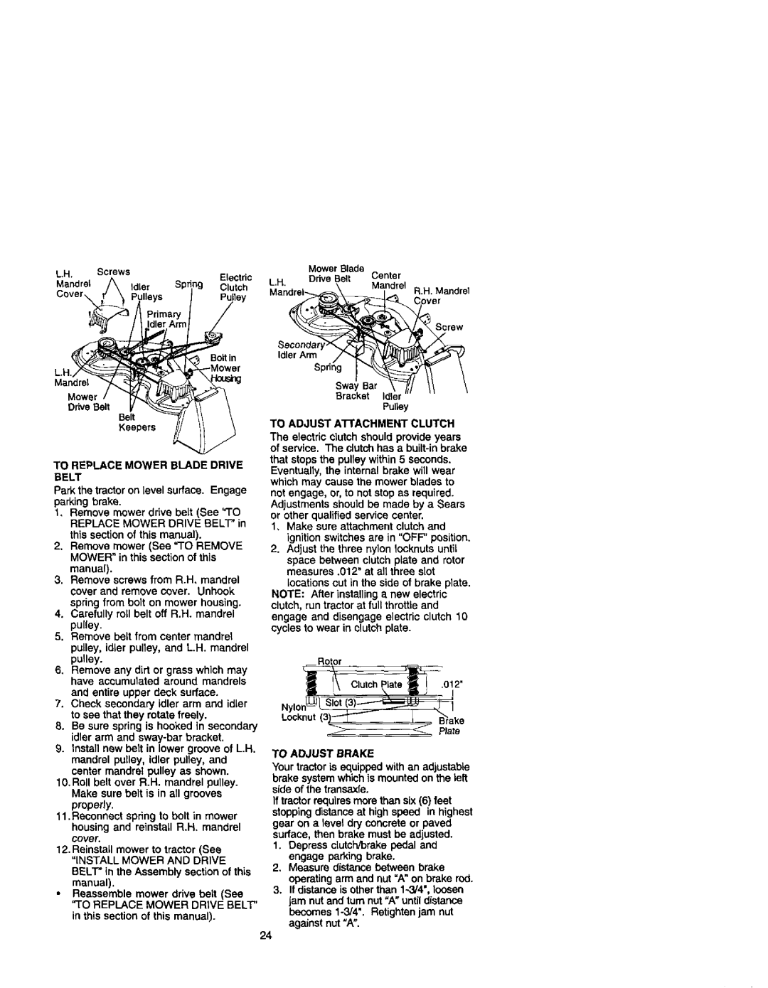 Craftsman 917.27499 manual To Replace Mower Blade Drive Belt, Install Mower and Drive, To Adjust Brake 