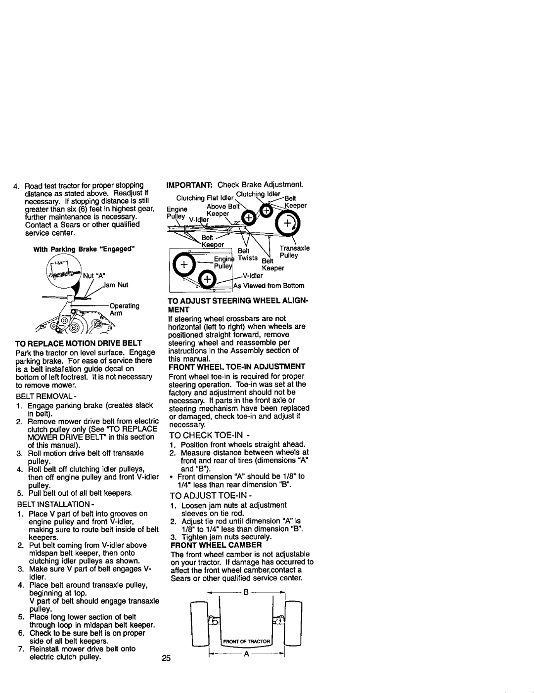 Craftsman 917.27499 manual Belt Installation, DePulle Keeper, To Adjust Steering Wheel ALIGN- Ment, Front Wheel Camber 