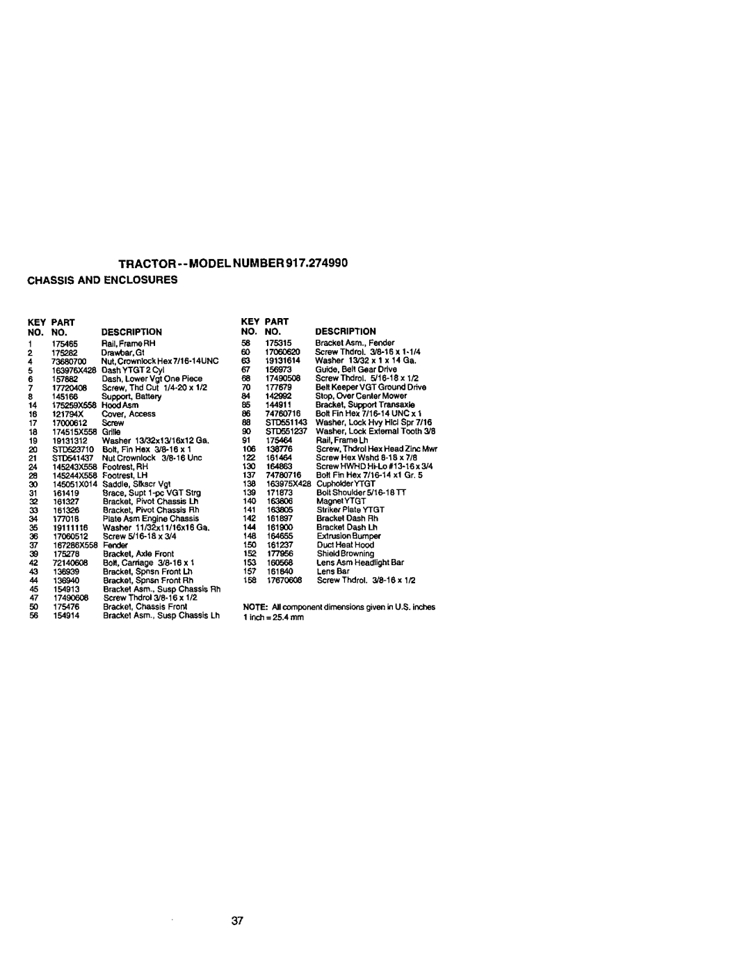 Craftsman 917.27499 manual TRACTOR- -MODEL Number Chassis and Enclosures, KEY Part NO. no, KEY Part Description 