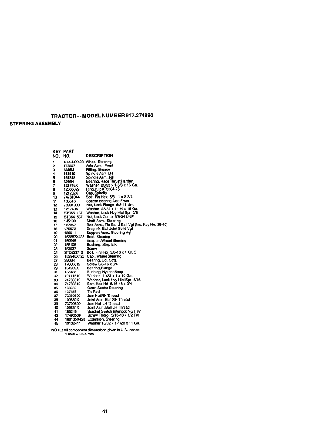 Craftsman 917.27499 manual TRACTOR- Model NUM BER Steeringassembly, KEY Part Description 